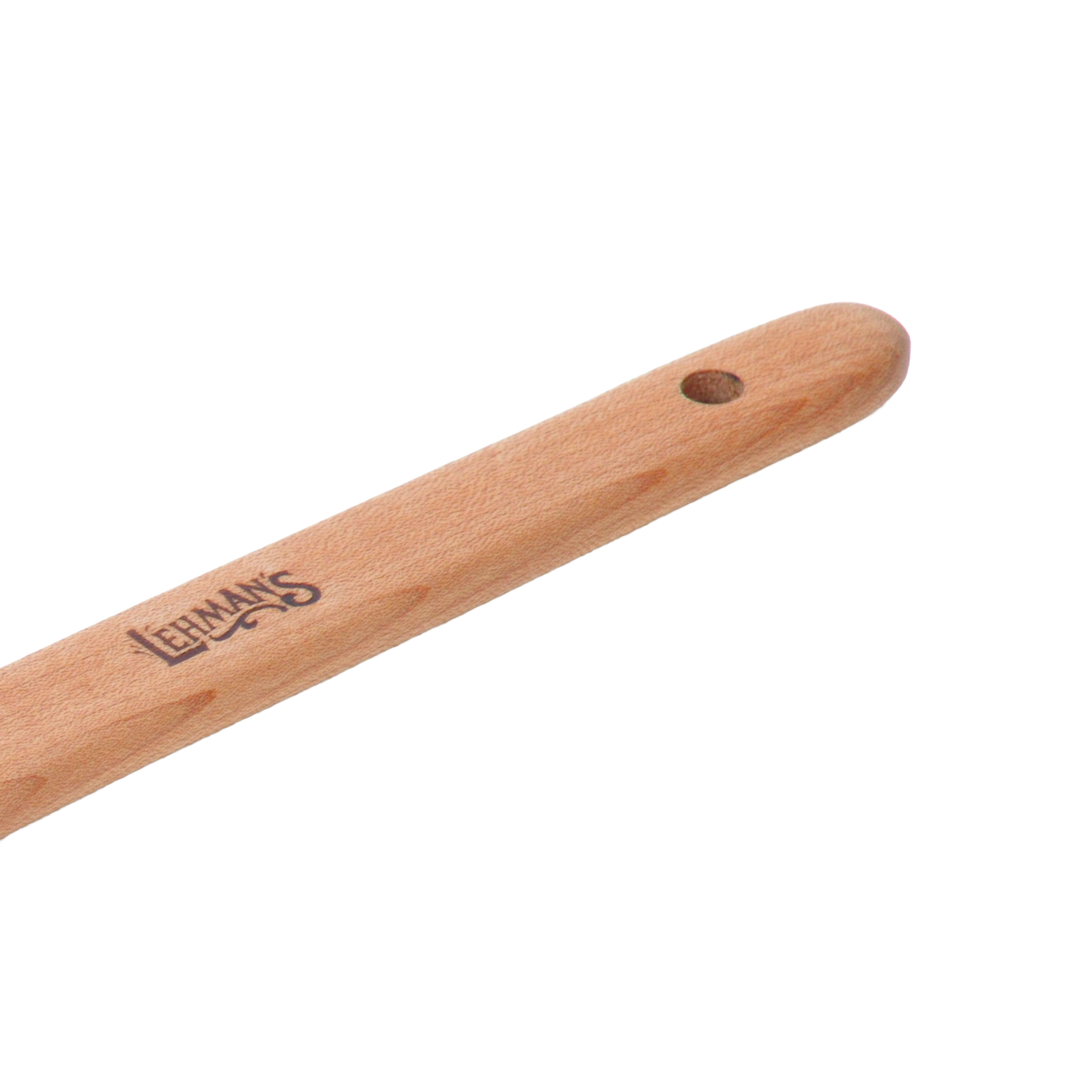 Close-up of a handcrafted solid American Hard Maple wooden spoon handle with smooth finish, ergonomic design, and a hanging hole, ideal for Kitchen & Food and USA Made collections.