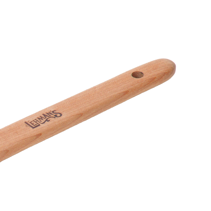 Close-up of a handcrafted solid American Hard Maple wooden spoon handle with smooth finish, ergonomic design, and a hanging hole, ideal for Kitchen & Food and USA Made collections.