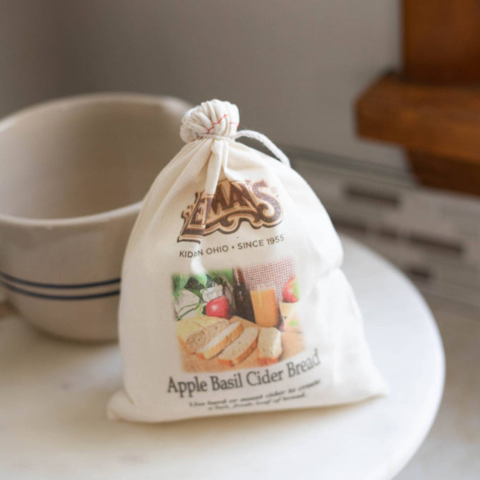 Natural fabric drawstring bag showcasing handcrafted apple basil cider bread mix with rustic design, perfect for Kitchen & Food, Pantry, Dry Goods and Mixes, Best Sellers, Promo Eligible collections.