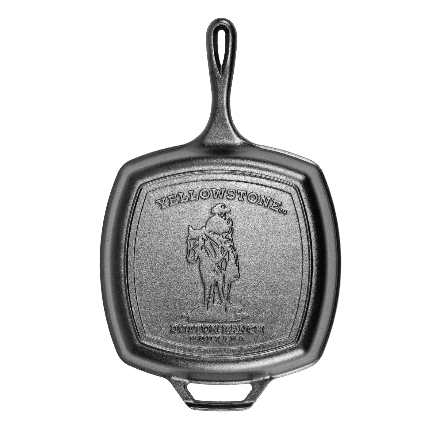 Handcrafted cast iron square grill pan featuring a cowboy design embossed on the cooking surface, made in USA, ideal for Kitchen & Food, Cookware, and Cast Iron collections.