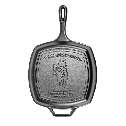 Handcrafted cast iron square grill pan featuring a cowboy design embossed on the cooking surface, made in USA, ideal for Kitchen & Food, Cookware, and Cast Iron collections.