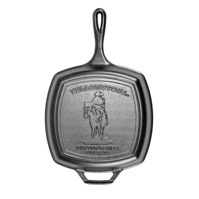 Handcrafted cast iron square grill pan featuring a cowboy design embossed on the cooking surface, made in USA, ideal for Kitchen & Food, Cookware, and Cast Iron collections.