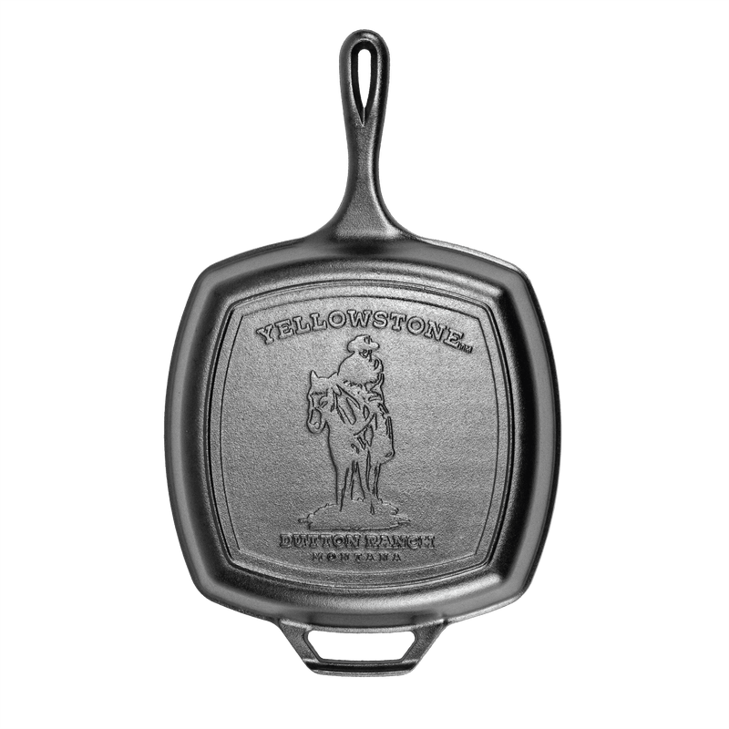 Handcrafted cast iron square grill pan featuring a cowboy design embossed on the cooking surface, made in USA, ideal for Kitchen & Food, Cookware, and Cast Iron collections.