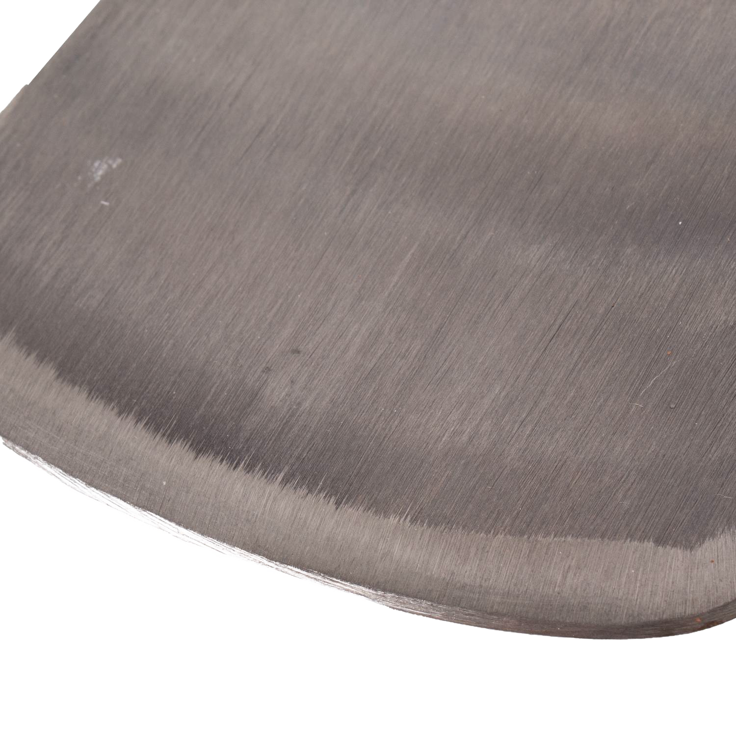 Close-up of a handcrafted, drop-forged high carbon steel axe blade edge, made in the USA and Amish crafted for farm, garden, and wood cutting tasks.