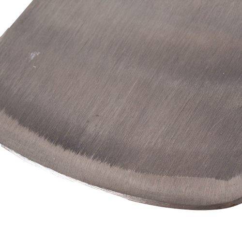 Close-up of a handcrafted, drop-forged high carbon steel axe blade edge, made in the USA and Amish crafted for farm, garden, and wood cutting tasks.