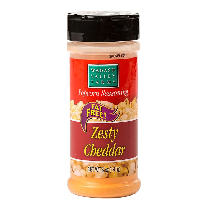 Plastic shaker bottle of fat-free zesty cheddar popcorn seasoning with red and green label, featured in Kitchen & Food, Food, Snacks and Sweets, Popcorn, USA Made, Best Sellers, and Promo Eligible collections.