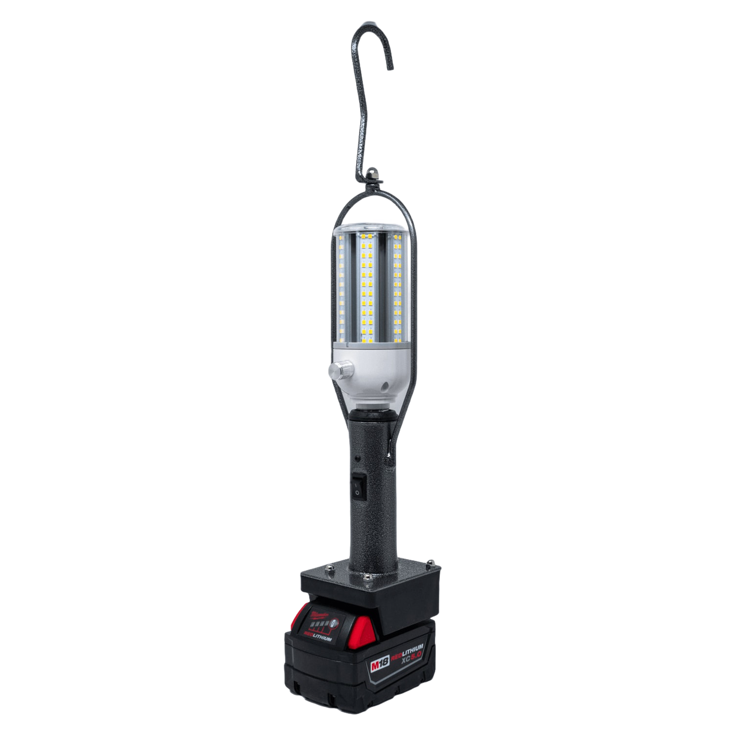 Portable LED lantern with sturdy handle and hook, powered by a Milwaukee/DeWalt battery, offering bright light for camping, emergency, and outdoor use in Lamps & Lighting collections.