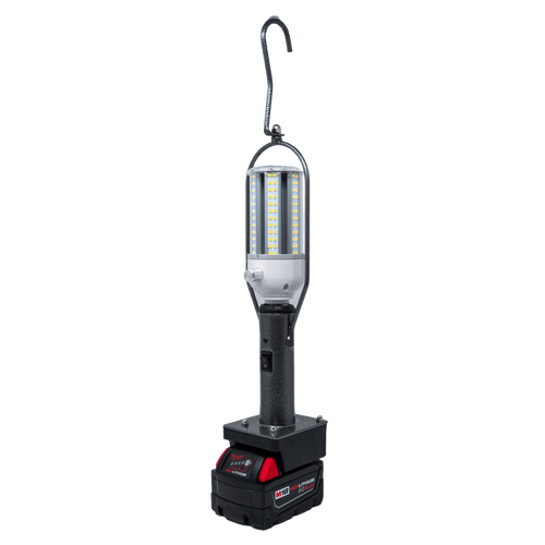 Portable LED lantern with sturdy handle and hook, powered by a Milwaukee/DeWalt battery, offering bright light for camping, emergency, and outdoor use in Lamps & Lighting collections.