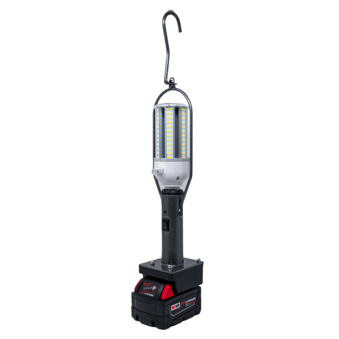 Portable LED lantern with sturdy handle and hook, powered by a Milwaukee/DeWalt battery, offering bright light for camping, emergency, and outdoor use in Lamps & Lighting collections.