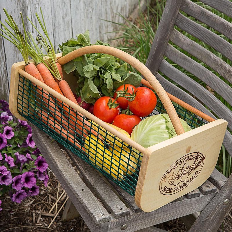 Handcrafted wooden and wire mesh harvest basket with curved handle, filled with fresh garden vegetables, part of Farm, Garden & Tool, Garden Accessories, USA Made, and Best Sellers collections.