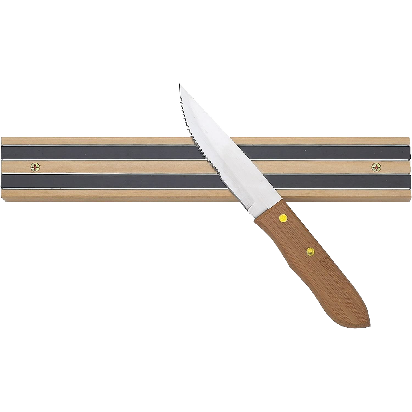 Heavy duty handcrafted hardwood magnetic knife rack with dual magnetic strips holding a serrated kitchen knife, ideal for Farm, Garden & Tool, Kitchen & Food, Knives & Axes, and Accessories & Maintenance collections.