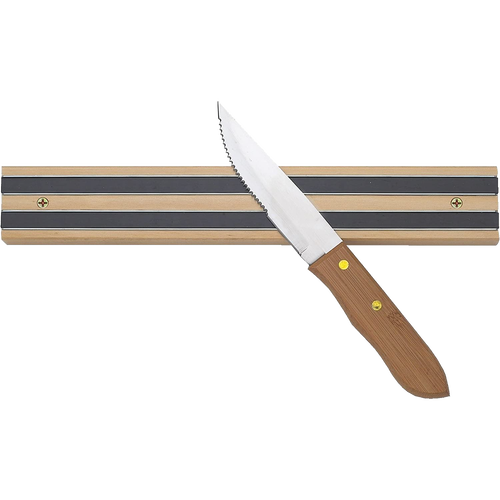 Heavy duty handcrafted hardwood magnetic knife rack with dual magnetic strips holding a serrated kitchen knife, ideal for Farm, Garden & Tool, Kitchen & Food, Knives & Axes, and Accessories & Maintenance collections.