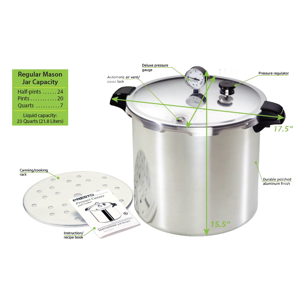 Polished aluminum pressure canner with locking lid, pressure gauge, pressure regulator, and black handles, shown with a perforated rack and instruction manual, ideal for Kitchen & Food, Food Preservation, Canning, and Pressure Canners collections.