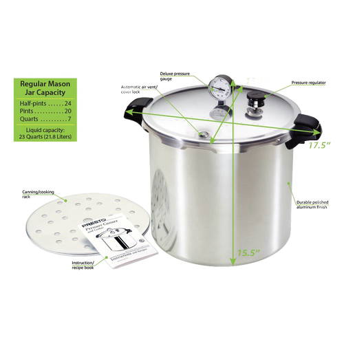 Polished aluminum pressure canner with locking lid, pressure gauge, pressure regulator, and black handles, shown with a perforated rack and instruction manual, ideal for Kitchen & Food, Food Preservation, Canning, and Pressure Canners collections.