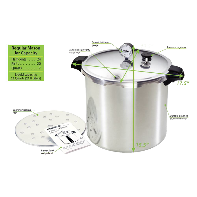 Polished aluminum pressure canner with locking lid, pressure gauge, pressure regulator, and black handles, shown with a perforated rack and instruction manual, ideal for Kitchen & Food, Food Preservation, Canning, and Pressure Canners collections.
