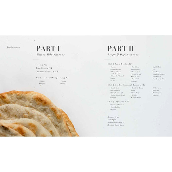 Open cookbook showing the table of contents for sourdough bread recipes and techniques, accompanied by a rustic loaf, suitable for Books, Cookbooks, and Home and Garden How-To Books collections.