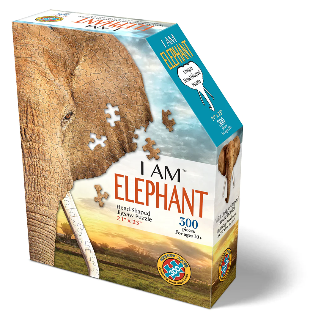 Box of a unique elephant head-shaped jigsaw puzzle with 300 pieces, featuring educational fun facts, designed for children 10 and older, ideal for Toys, Games, and Puzzles collections.