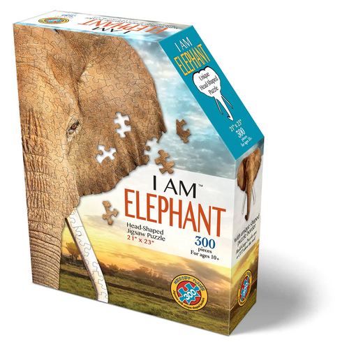 Box of a unique elephant head-shaped jigsaw puzzle with 300 pieces, featuring educational fun facts, designed for children 10 and older, ideal for Toys, Games, and Puzzles collections.