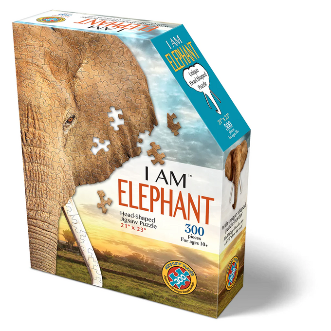 Box of a unique elephant head-shaped jigsaw puzzle with 300 pieces, featuring educational fun facts, designed for children 10 and older, ideal for Toys, Games, and Puzzles collections.