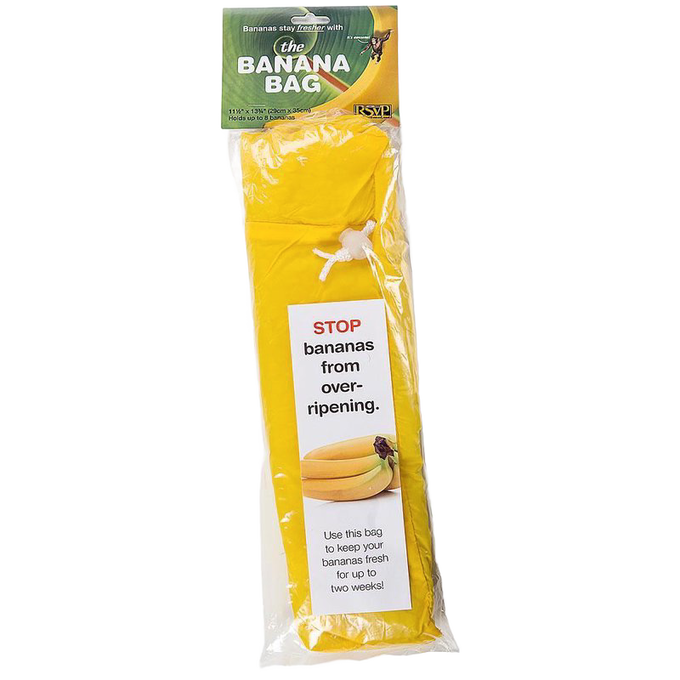 Bright yellow banana storage bag with drawstring closure, designed to keep fruit fresh longer, made of food-grade materials, featured in Kitchen & Food, Storage and Serving, and Best Sellers collections.