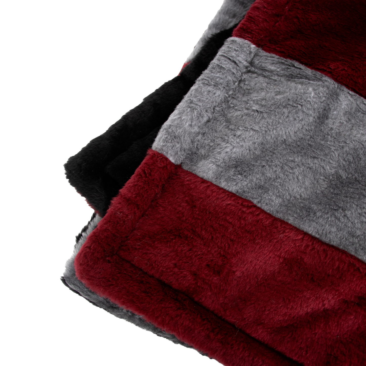 Close-up of a handcrafted lap robe featuring plush faux fur in deep red, gray, and black stripes with a synthetic quilted lining, perfect for Home & Decor, Farm, Garden & Tool, and USA Made collections.