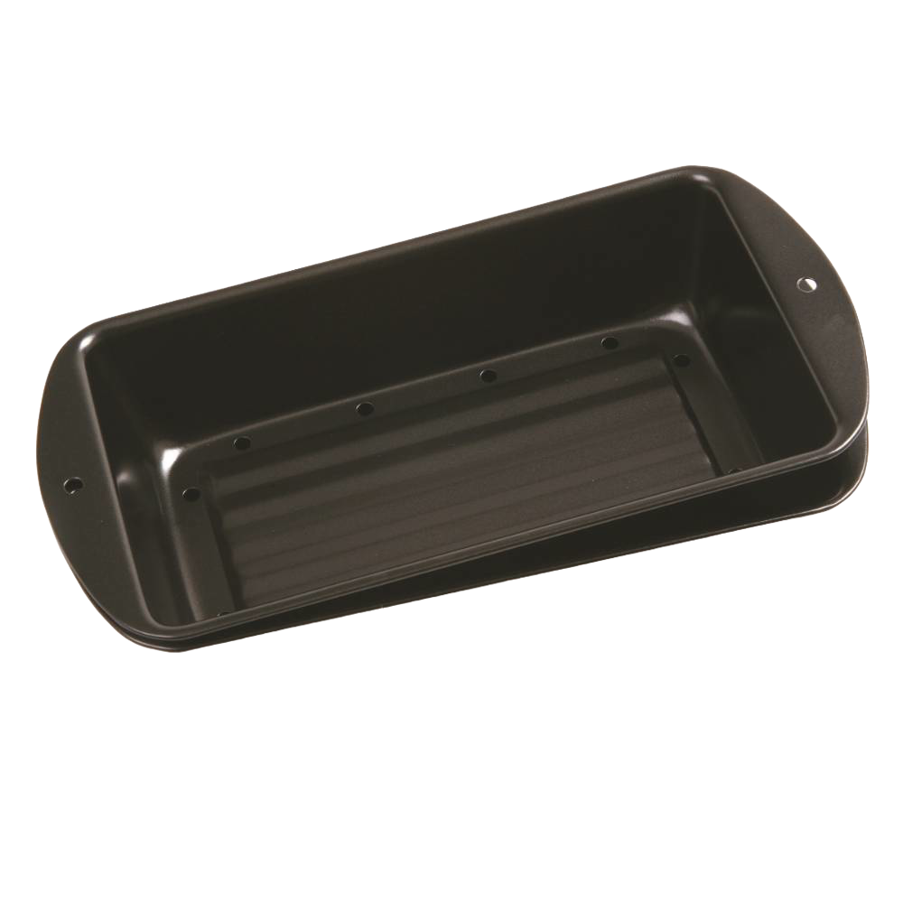 Dark non-stick loaf pan with perforated inner tray for draining fat, designed for healthier meatloaf cooking, ideal for Kitchen & Food, Cookware, and Baking Supplies collections.