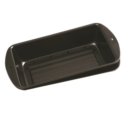 Dark non-stick loaf pan with perforated inner tray for draining fat, designed for healthier meatloaf cooking, ideal for Kitchen & Food, Cookware, and Baking Supplies collections.