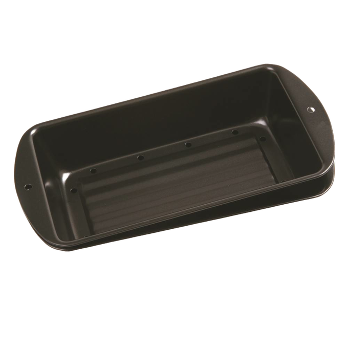 Dark non-stick loaf pan with perforated inner tray for draining fat, designed for healthier meatloaf cooking, ideal for Kitchen & Food, Cookware, and Baking Supplies collections.