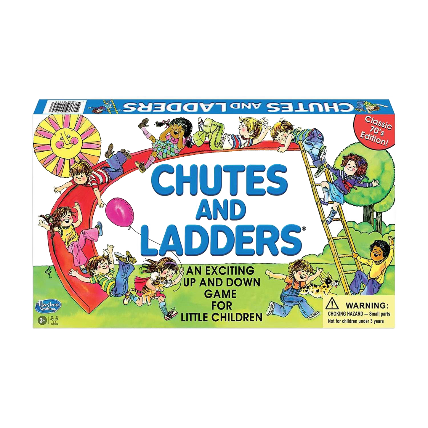 Vintage-style box of a colorful, classic 70s edition children's board game featuring playful kids climbing ladders and sliding down chutes, perfect for family fun and early learning in children's toys and games collections.