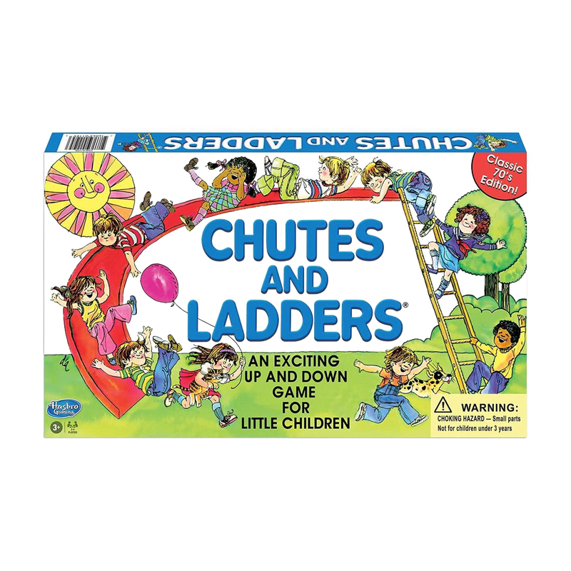 Vintage-style box of a colorful, classic 70s edition children's board game featuring playful kids climbing ladders and sliding down chutes, perfect for family fun and early learning in children's toys and games collections.