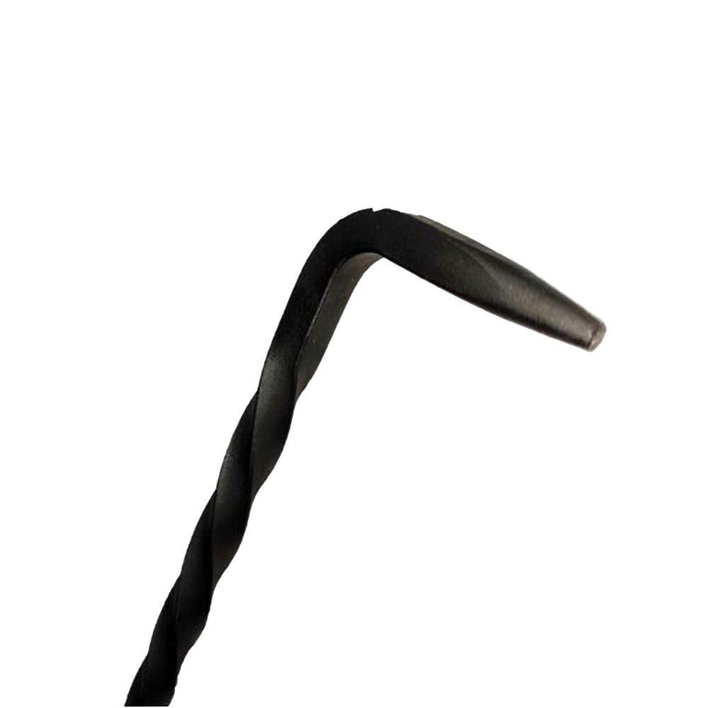 Close-up of a handcrafted steel fire poker with a twisted shaft and loop handle, Amish made in the USA, designed for safely adjusting logs and stirring embers in hearth accessories.