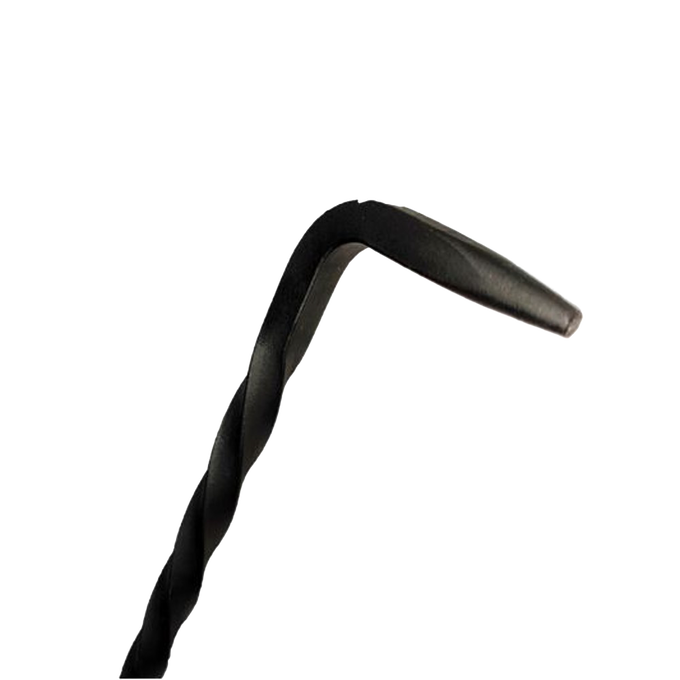 Close-up of a handcrafted steel fire poker with a twisted shaft and loop handle, Amish made in the USA, designed for safely adjusting logs and stirring embers in hearth accessories.