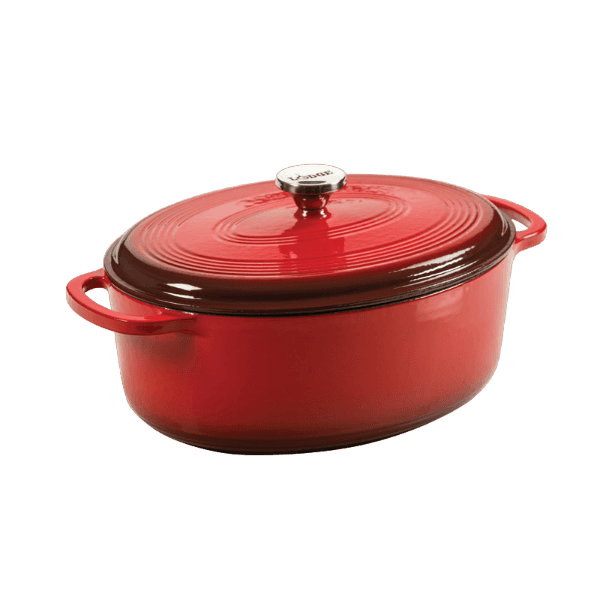 Oval enameled cast iron Dutch oven with vibrant red finish and dark brown lid edge, featuring sturdy side handles and a metal knob, ideal for Kitchen & Food, Cookware, Cast Iron, and Best Sellers collections.