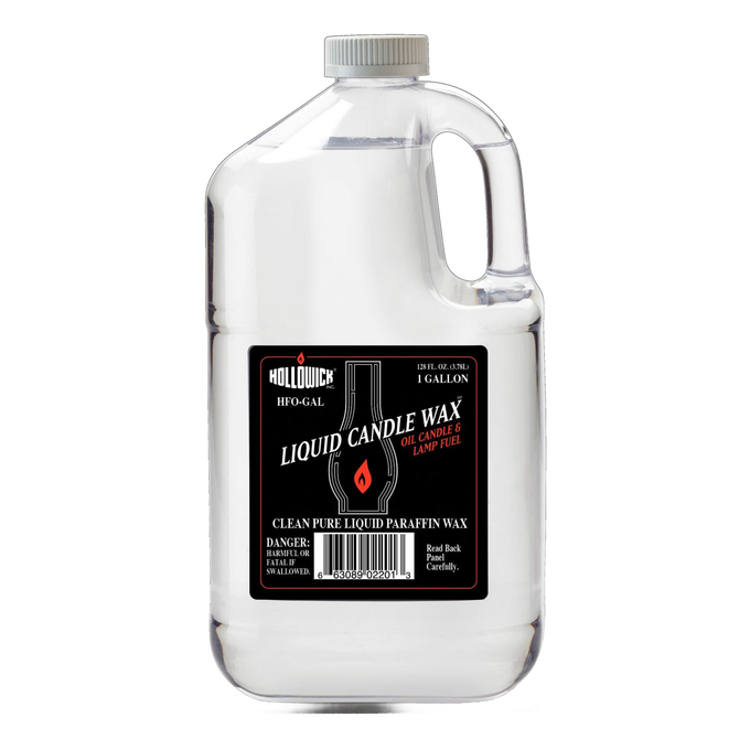 Clear plastic 1-gallon jug of liquid paraffin candle wax fuel labeled for use as oil candle and lamp fuel, featured in Lamps & Lighting, Parts and Accessories, Lamp and Lantern Fuel, Best Sellers, and Promo Eligible collections.