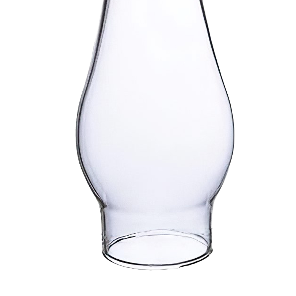 Clear glass oil lamp chimney with a 1-3/8" base and bulged body, ideal for lamps and lighting, chimneys and globes, and parts and accessories collections.