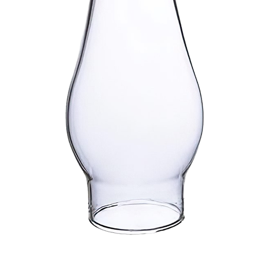 Clear glass oil lamp chimney with a 1-3/8" base and bulged body, ideal for lamps and lighting, chimneys and globes, and parts and accessories collections.