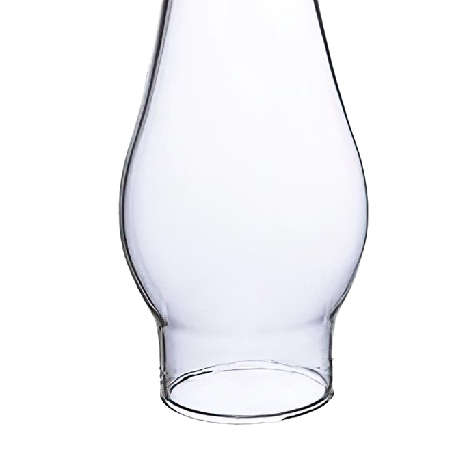 Clear glass oil lamp chimney with a 1-3/8" base and bulged body, ideal for lamps and lighting, chimneys and globes, and parts and accessories collections.