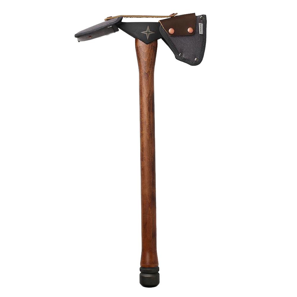 Pulaski axe with hand-sharpened 1055 high carbon steel head and hardwood handle, featuring a protective canvas sheath, ideal for farm, garden, digging, and wood-cutting tasks.