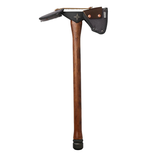 Pulaski axe with hand-sharpened 1055 high carbon steel head and hardwood handle, featuring a protective canvas sheath, ideal for farm, garden, digging, and wood-cutting tasks.