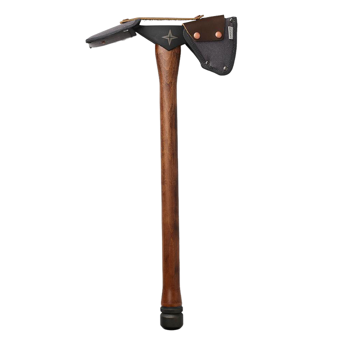 Pulaski axe with hand-sharpened 1055 high carbon steel head and hardwood handle, featuring a protective canvas sheath, ideal for farm, garden, digging, and wood-cutting tasks.