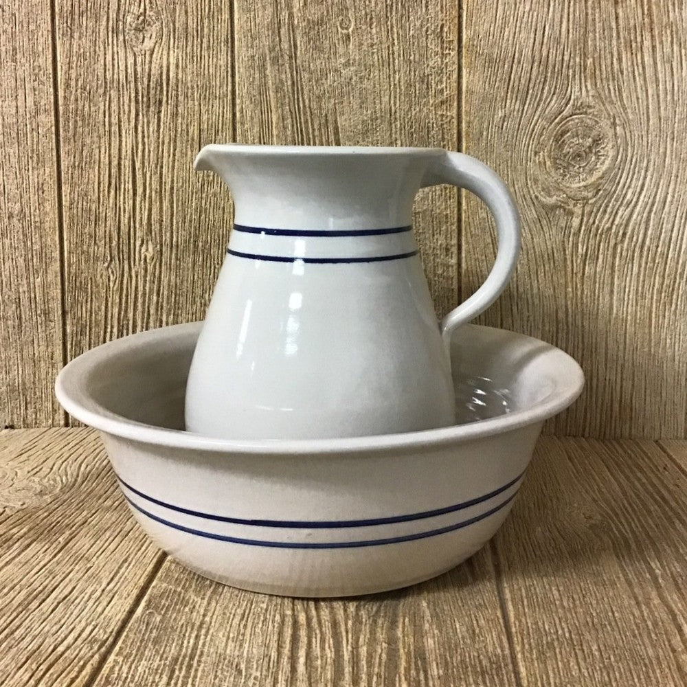 Handmade stoneware wash basin and pitcher set with classic blue stripe accents, crafted in the USA, ideal for Home & Decor, Kitchen & Food, Household Helpers, and Best Sellers collections.