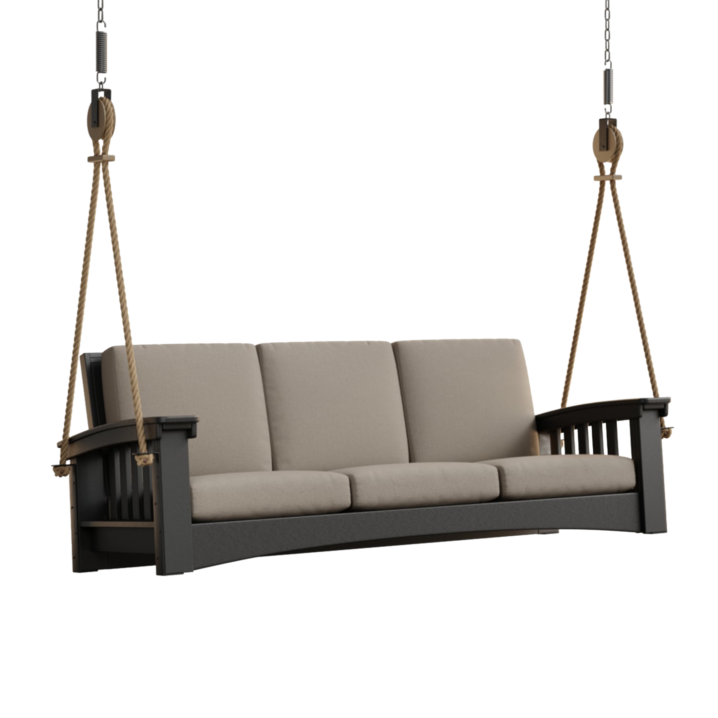 7 ft rope swing sofa with thick beige cushions suspended by sturdy ropes, handcrafted from durable cypress wood, ideal for outdoor relaxation in Home & Decor, Amish Made, USA Made collections.