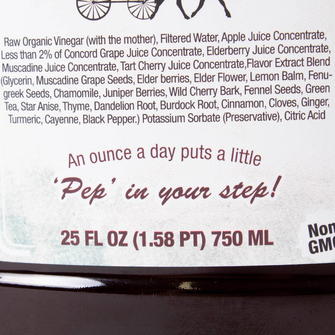 Close-up of the label on a handcrafted herbal health tonic bottle showcasing detailed ingredient list and dosage suggestion, part of Health & Wellness, Health Remedies, USA Made, and Best Sellers collections.