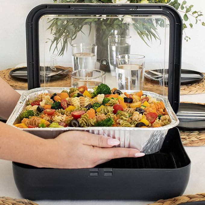 Clear plastic travel cover with black frame designed to fit 9x13 foil pans, featuring a removable window for easy serving, made in USA and ideal for Kitchen & Food and Storage collections.