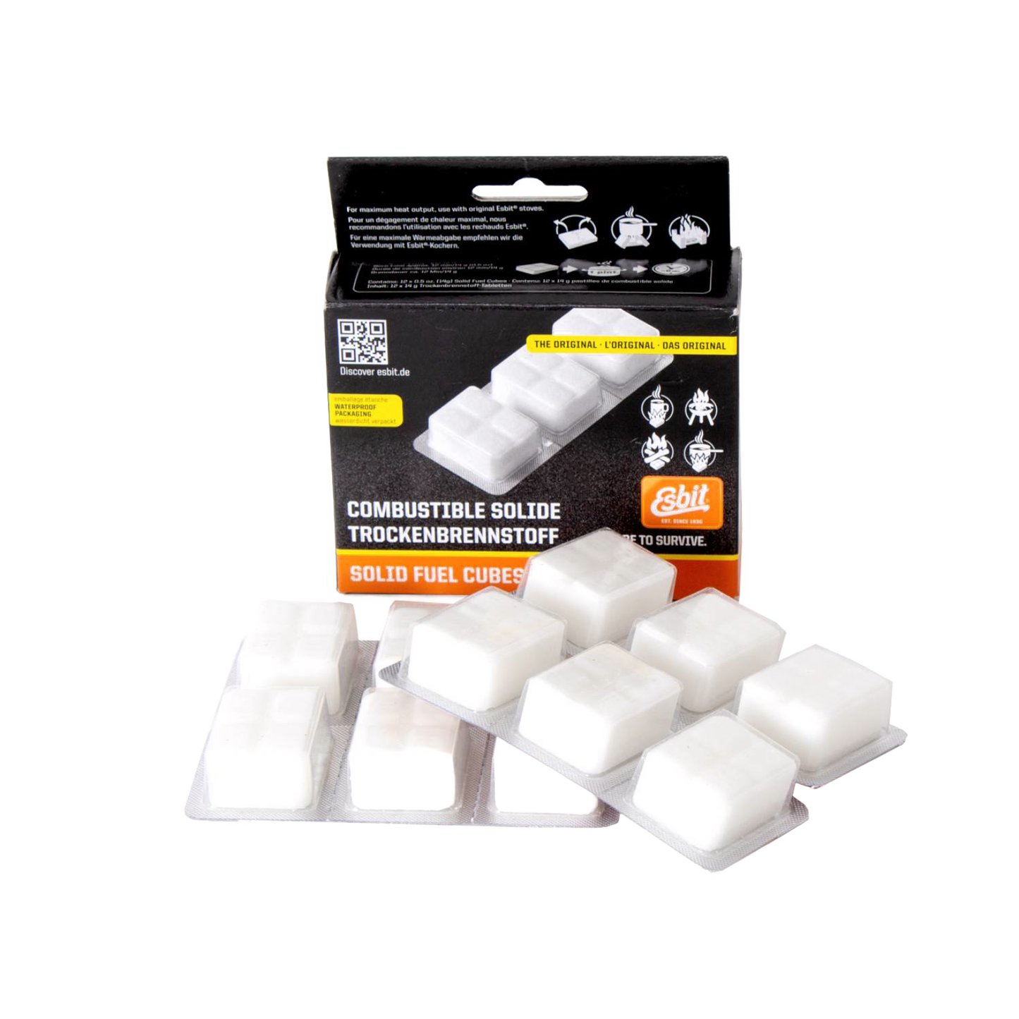 Blister packs of white solid fuel cubes displayed with black and orange branded packaging, essential for camping, emergency supplies, farm, garden, and tool collections.