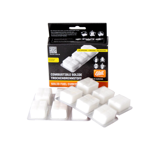 Blister packs of white solid fuel cubes displayed with black and orange branded packaging, essential for camping, emergency supplies, farm, garden, and tool collections.