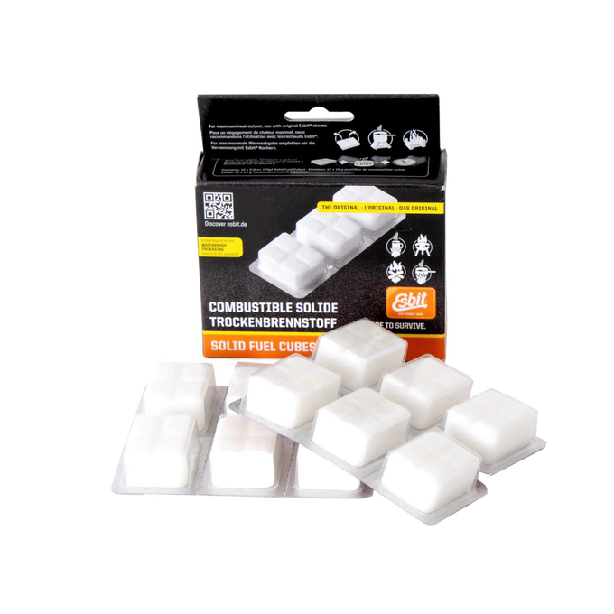 Blister packs of white solid fuel cubes displayed with black and orange branded packaging, essential for camping, emergency supplies, farm, garden, and tool collections.