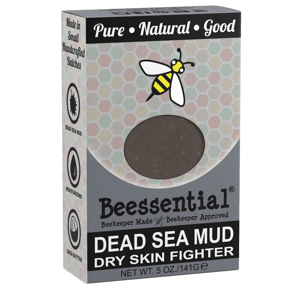Packaging of a handcrafted dark Dead Sea mud soap bar with moisturizing shea butter and natural ingredients, made in small batches in the USA, featured in Health & Wellness and Soaps collections.