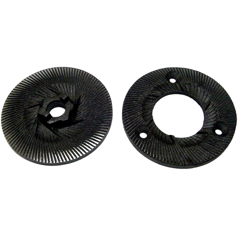 Pair of durable black grinding burrs for grain mills, designed to provide precise extra fine to extra coarse textures, featured in Kitchen & Food, Grain Mills, and Bread Making Supplies collections.