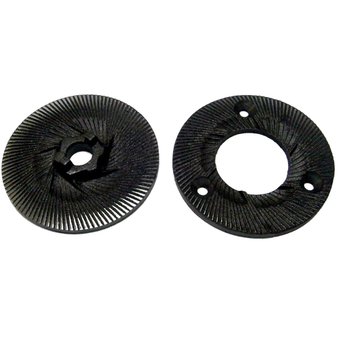 Pair of durable black grinding burrs for grain mills, designed to provide precise extra fine to extra coarse textures, featured in Kitchen & Food, Grain Mills, and Bread Making Supplies collections.